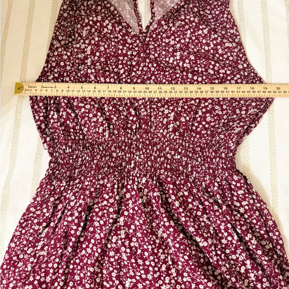 GAP Burgundy Floral Wide Leg Jumpsuit XL | Boho Rayon V-Neck Smocked Waist - Picture 5 of 9